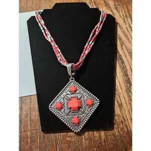Vintage Southwestern Statement Necklace Red Beaded Triple Strand Bold Pendant